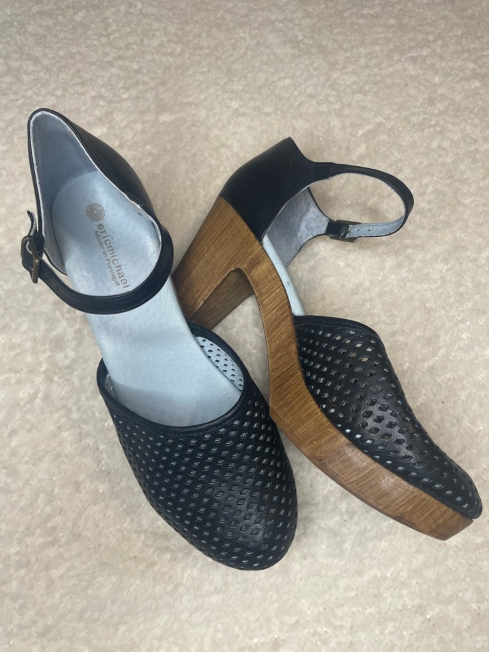 Eric Michael Sadie Mary Jane Clogs Black Perforated Leather Block Heel Size 41